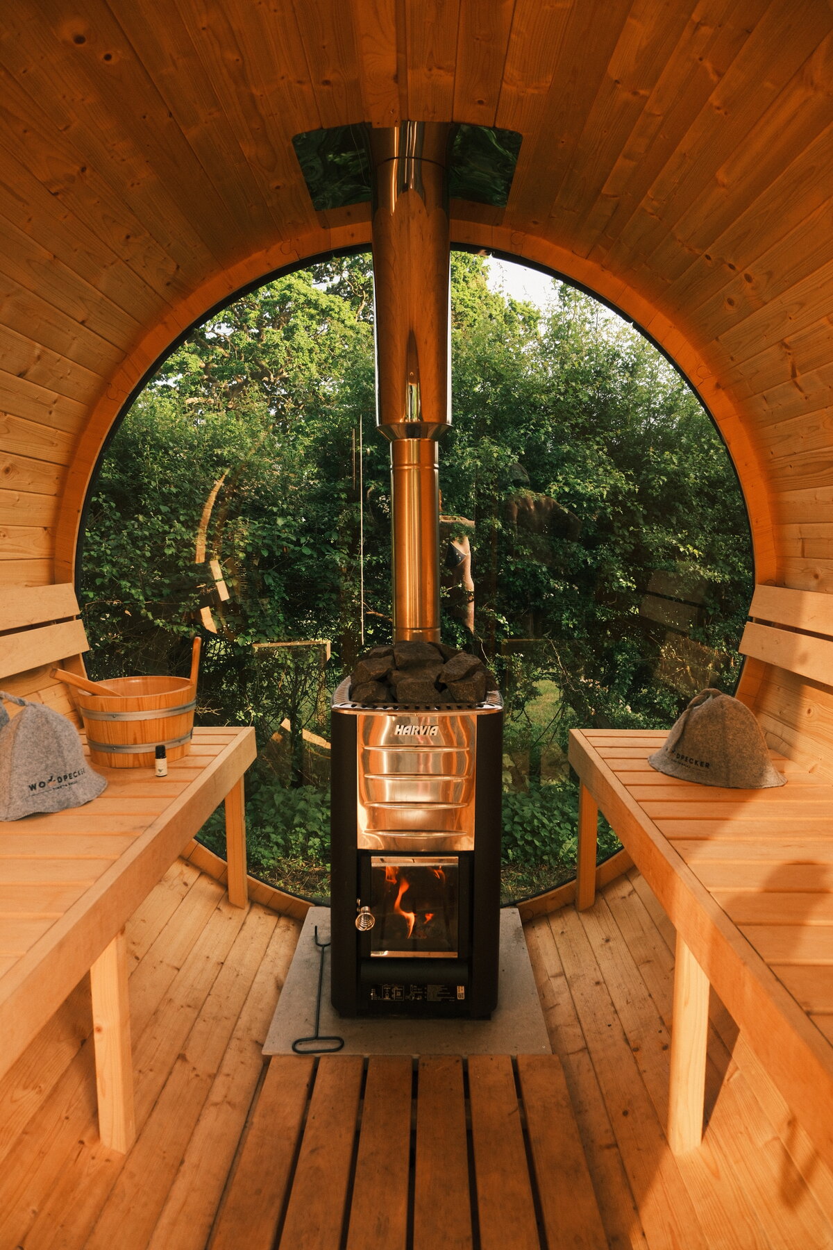 Inside the wood-fired barrel sauna